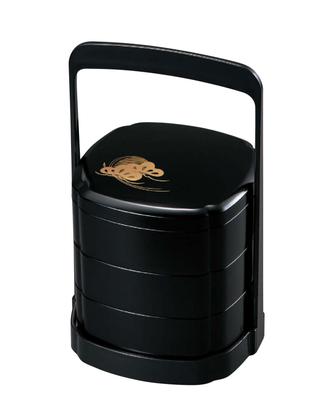 Japanese Lacquerware Mini Lunch Mokko with Black Shining Pine 3 Box, 5-inch (Japanese Quince) (Black Interior), Tiers, H-155-81A