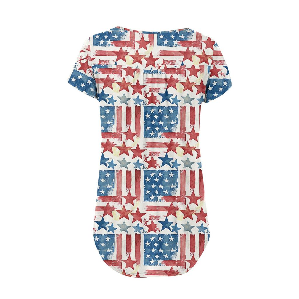 Women Tunic Tops Dressy Casual Summer Short Sleeve Shirts Loose Fit Pleated Boho Top Independence Day