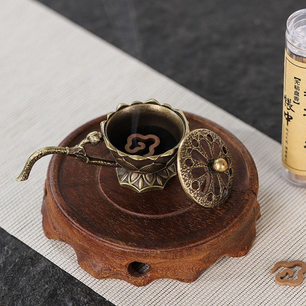Room Decor Alloy Lotus Hand Stove Small Retro Copper Brass Incense Holder Hollow Out With Cover Incense Burner Sandalwood