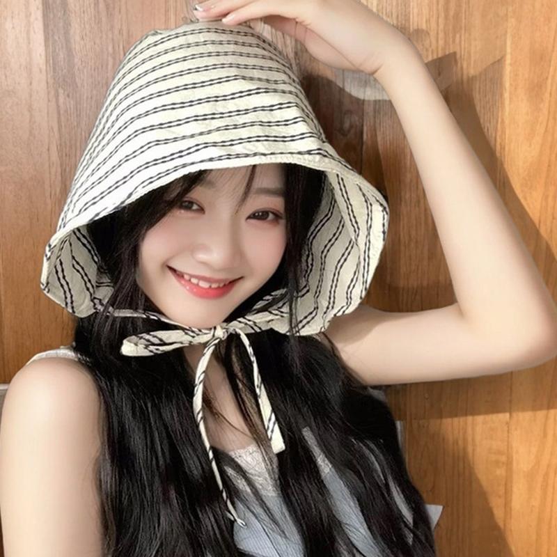 Women'S Wide-Brimmed Foldable Bucket Hat With Drawstring Korean Style Striped Panama Outdoor Hiking Hat Sun Protection Hat