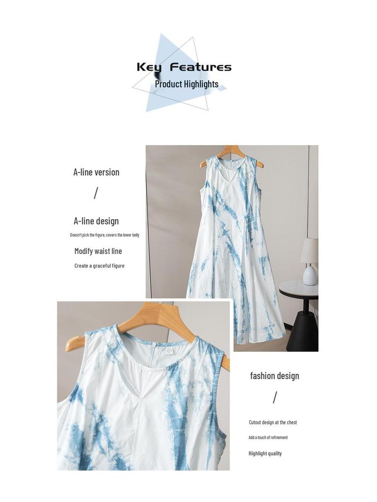 Yunnan Hand-Dyed High-Quality Women's Summer Vest Dress: Round Neck, Hollow Out Design, Waist-Cinching, Long-Length, Elegant Fit.