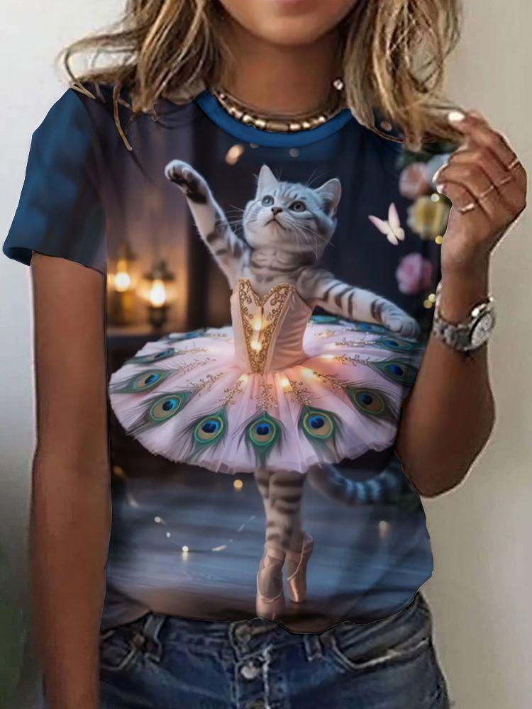 Summer Cute Cat Dances Ballet T-Shirts 3D Print Women Men Short Sleeve Round Neck T Shirt Tees Harajuku Y2K Tops Unisex Clothing