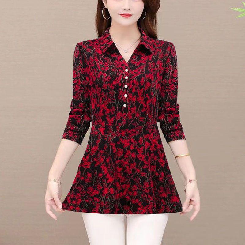 

Повседневная рубашка на пуговицах с отложным воротником, базовая женская, фолк, сломанные цветы, осенняя, винтажная, для работы, блузка с длинным рукавом 4XL красный
