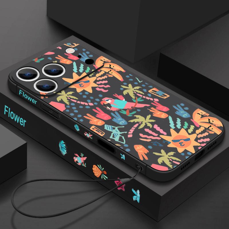 For iPhone 17 Pro Max Case Colorful Cartoon Pattern Soft Silicone Lanyard Cover For iPhone 16 Pro Max Cover iPhone 15 14 13 12 11 16E Air