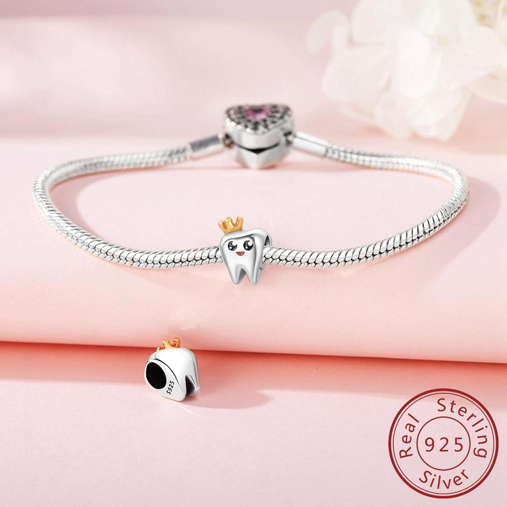 100% Real Copper Crown Cute Tooth Prince Beads Charms Jewelry Fit Original Bracelet For Women Diy Gift