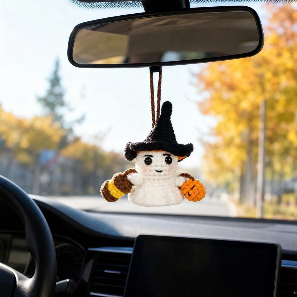 Crochet Hanging Ornament with Hat for Halloween Car and Bag Decoration