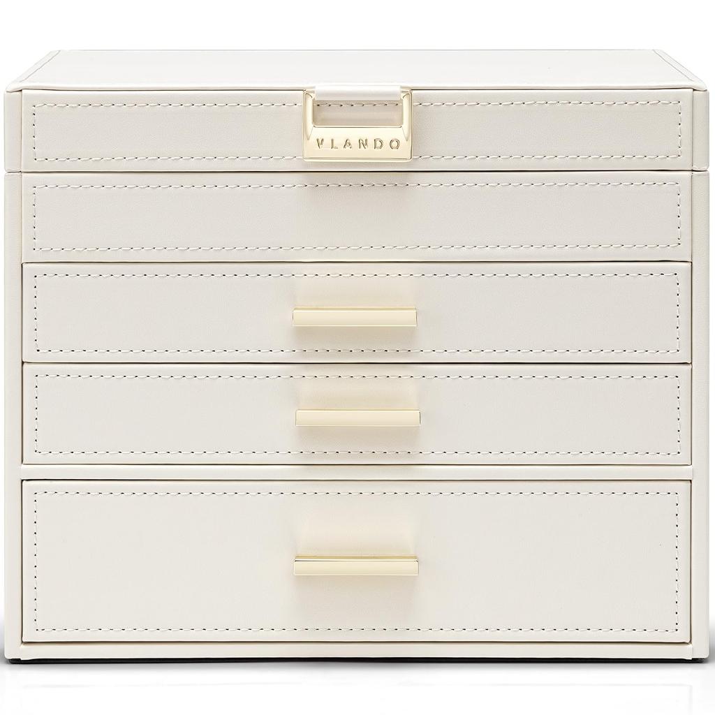 Vlando Large Capacity Jewelry Box with 4 Drawers for Small Items, Earrings, Necklaces, Rings, and Watches (Ivory)