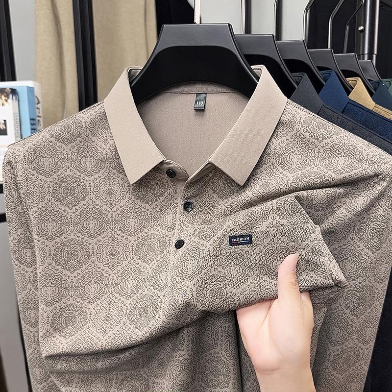 Wovey Heren Poloshirt Kraag Lange Mouwen T-shirt Hoge Kwaliteit Prachtige Bloemprint Zak Mode Zakelijke Herenkleding Top 4XL kaki