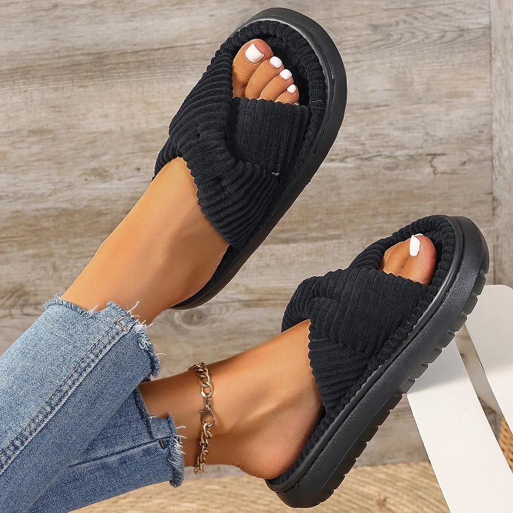 Fashion New Women's Slippers Open Toe Slip On Flat Shoes for Women Indoor Comfortable Fashion Home Cotton Shoes Anti-slip Platform Shoes