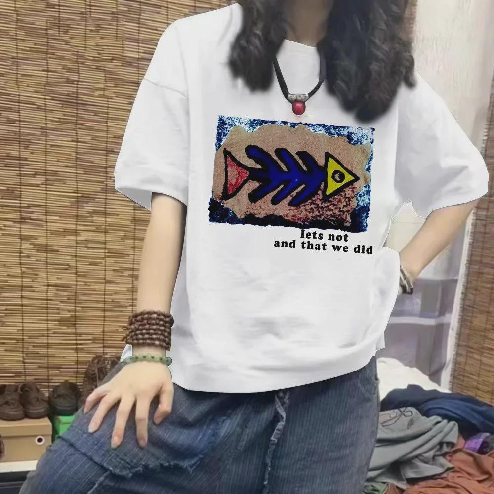 Women's Short-Sleeve White T-Shirt - Spring & Summer 2023 Trendy Loose Fit with Round Neck & Graphic Print