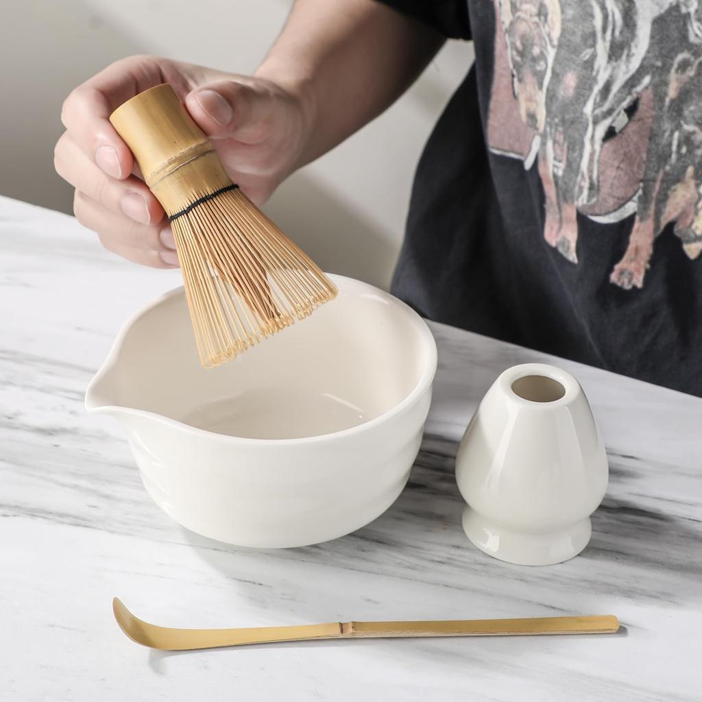 Tea ceremony set including a spouted matcha a tea whisk a tea whisk and a tea bowl, (100 prisms), stand, scoop.
