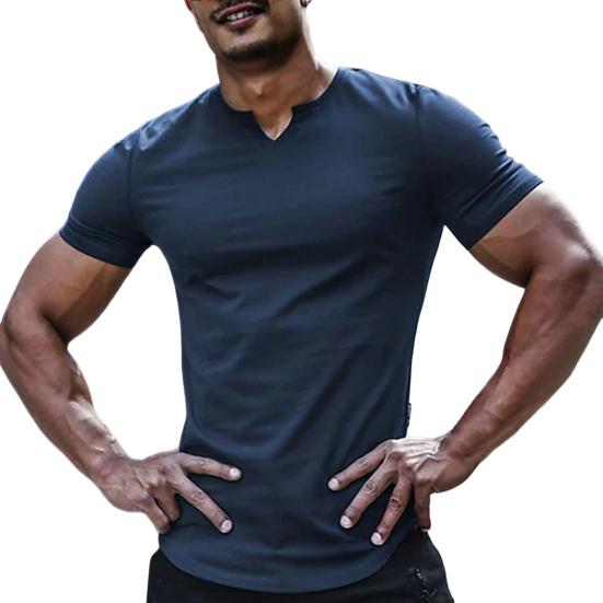 V-Neck Short Sleeve Arc Hem Men T-shirt Summer Solid Color Simple Tee Shirt Streetwear