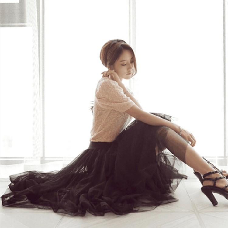 Women's High Waist Black Mesh A-line Midi Tulle Skirt