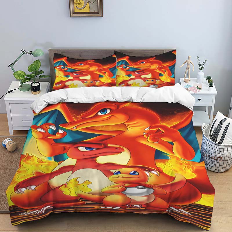 Cute Cartoon Charizard-Themed Bedding Set, featuring a soft duvet cover and pillowcases—perfect for teenagers, children, and mor