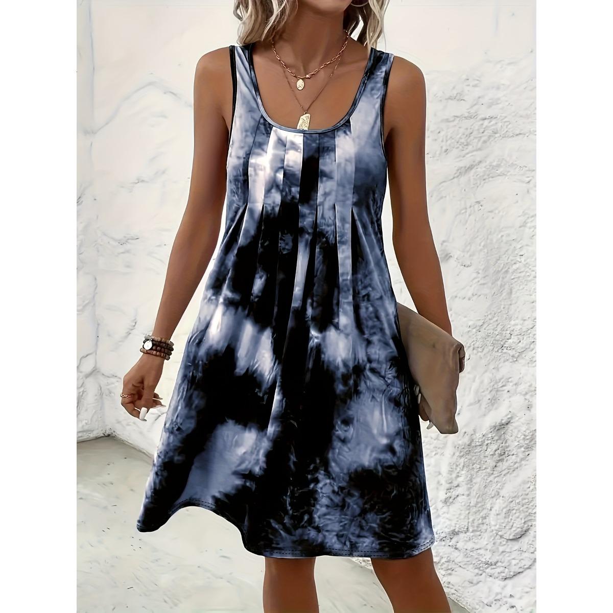 Women s Scoop Neck Sleeveless Tie Dye Pleated A-Line Casual Summer Tank Dress S