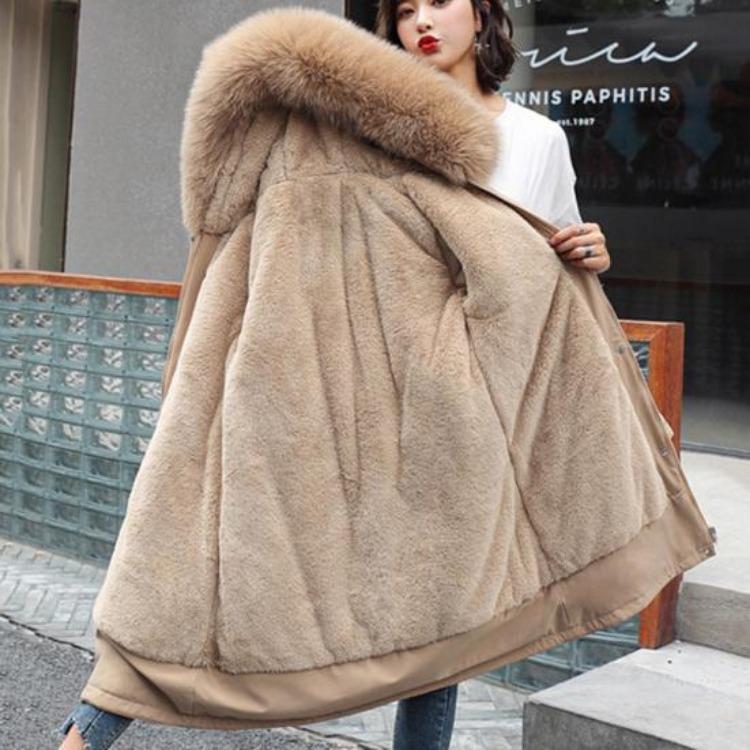 Winter Plus Size Jacket Women Long Sleeve Knee Length Thick Plush Furry Hood Pockets Zipper Button Closure