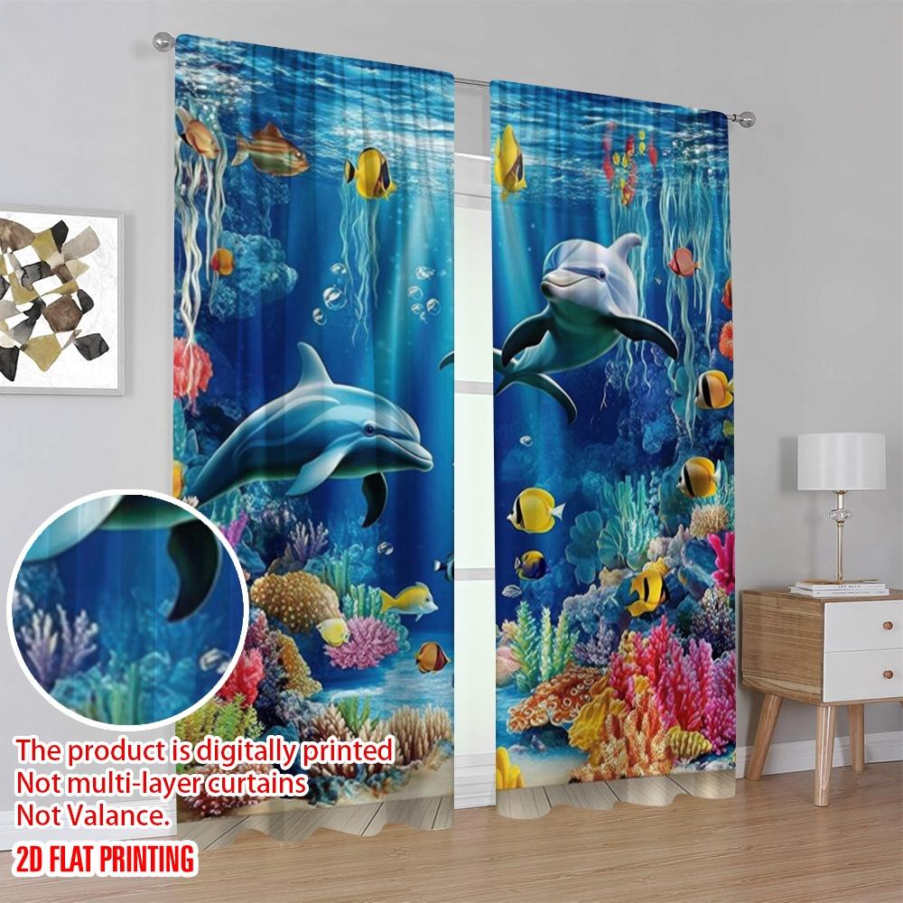 2pcs,2D plane printing Creative Curtains Ocean Symphony Versatile Fabric (without rod) All Seasons Ldeal for Living Room,