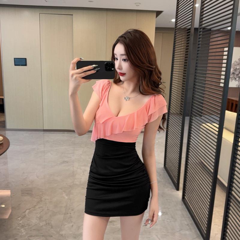 Schickes Damen-Bodycon-Bleistiftkleid aus Mesh mit tiefem Ausschnitt und Rüschenärmeln