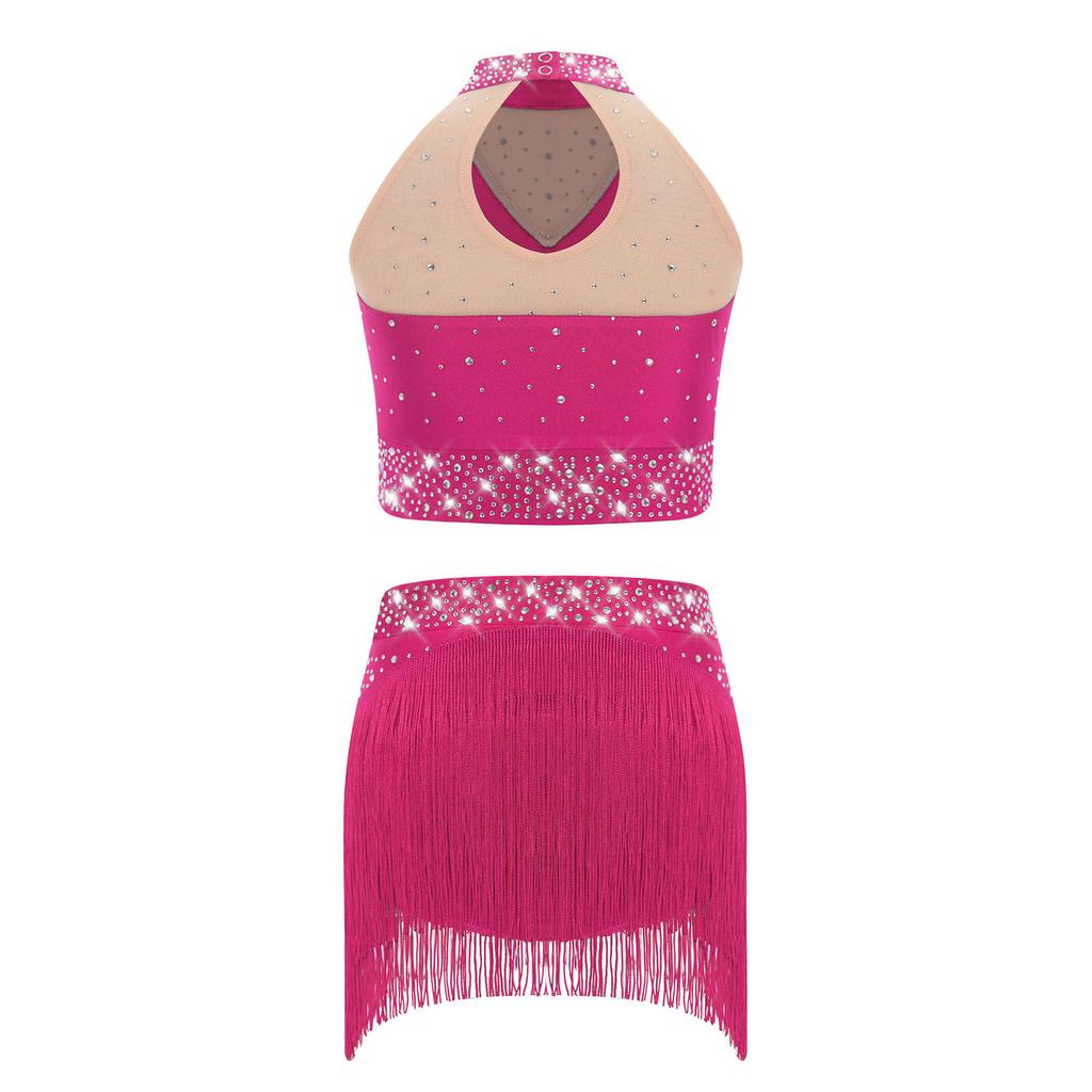 Dívčí třpytivý taneční set s flitry Stojáčkový top bez rukávů Třásně na spodním lemu pro pódiová vystoupení Jazzová a baletní představení