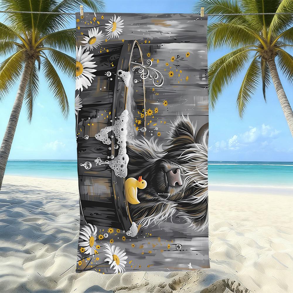 Europäisches und Amerikanisches Retro Hochlandrind Druck Strandtuch Mikrofaser Verdickt Wasseraufnahme Schnelltrocknend Outdoor Badetuch