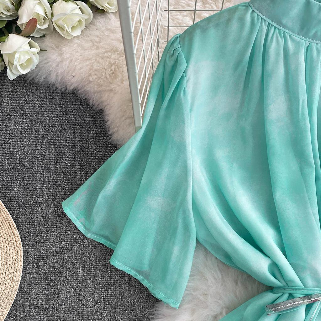 Temperament Stehkragen Kurze Flare Ärmeln Kleid Frauen Hohe schlanke Taille Robe 2024 Neue Tinte Printr schnüren up Frau Kleider