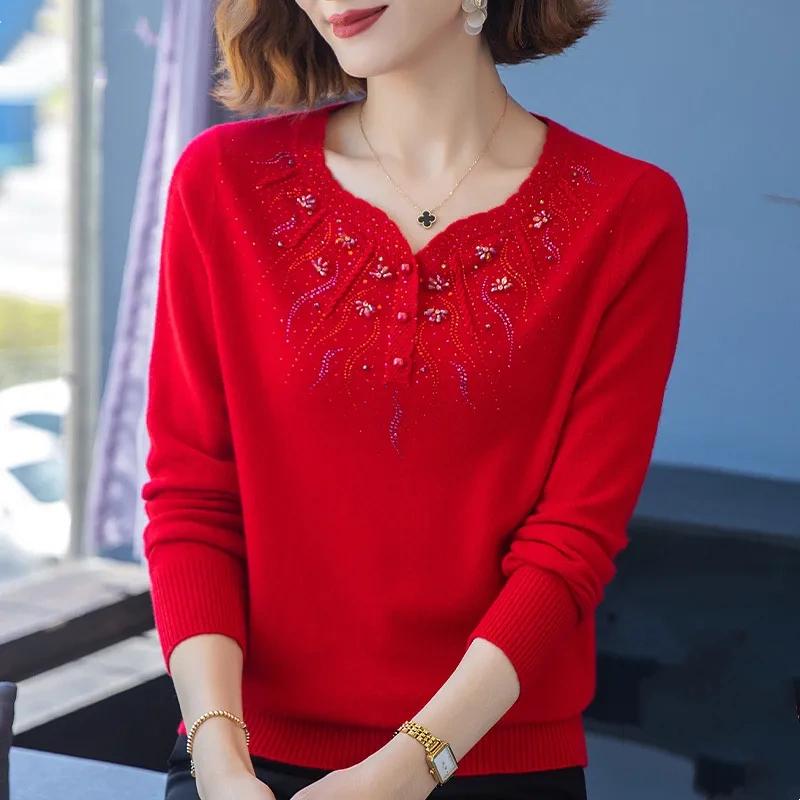 

Осень и Зима Свитер из Чистой Шерсти, Вязаный, С V-образным Вырезом, Свободный, Большого Размера, Базовая Рубашка для Женщин Среднего и Пожилого Возраста M