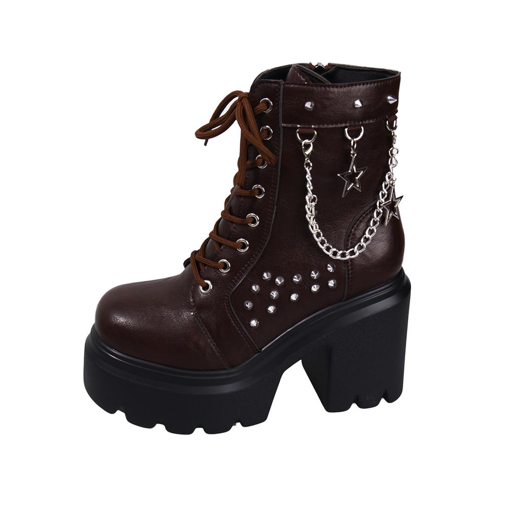 Platform Booties Fashion Round Toe Rivet Metal Buckle Soft Sole Anti-Slip Wear-Resistant High Heels