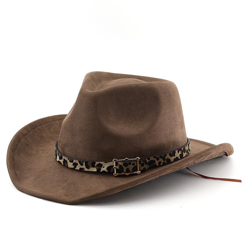 Ethnic Suede Felt Hat with Leopard Print Belt - Unisex Western Cowboy Hat