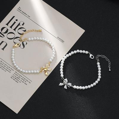 BLINGBY Damska bransoletka Jesień i zima Nowa cyrkonia Elegancka biżuteria ręczna Bransoletka z kokardą Lekka luksusowa perła Biżuteria ręczna Biżuteria dla dziewczynek Prezent