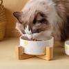 Non-Slip Ceramic Cat and Dog Bowl with Wooden Stand - Black, High-Footed Design for Cervical Spine Protection