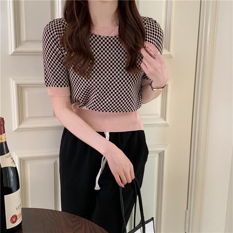 Summer Retro Plaid Color Blocking Short Sleeve Knit Women Casual Bottom Shirt Top Casual Summer Essential Comfort and Style Slim Fit Pullovers Tees