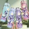 1PC Purple Butterfly Floral Art Print 750ml Color Plastic Sports Water Bottle Leakproof Flip Straw Lid Suitable for Sports Office Home Use