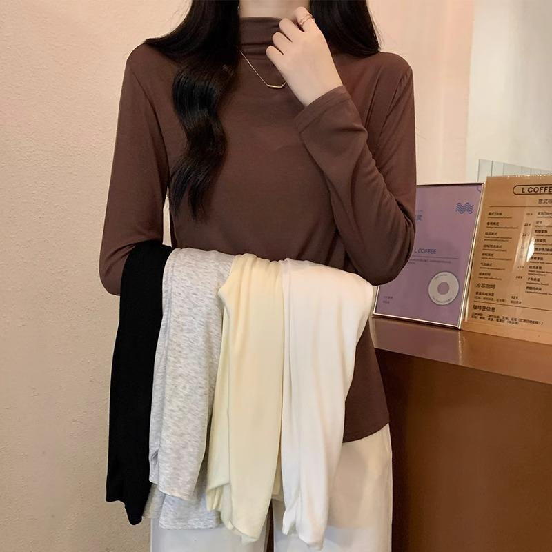 

Полувысокий воротник во французском стиле плюс бархатная утолщенная базовая футболка для женщин на осень и зиму, высококачественный облегающий топ с длинным рукавом для ношения под одеждой M