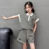 Girls' Trendy Striped POLO Shirt & Shorts Set - Casual Summer Style