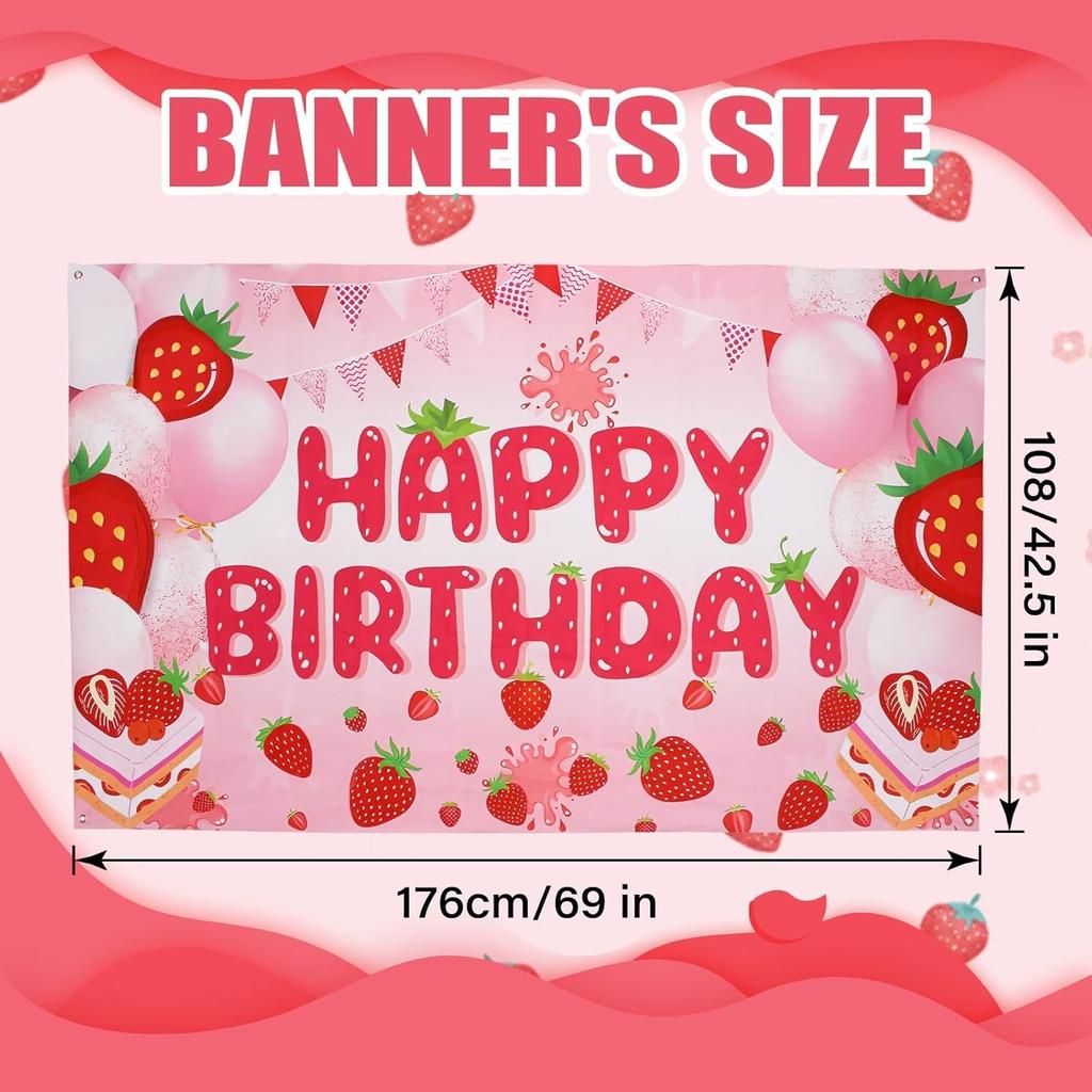 Strawberry Shortcake Happy Birthday Decorations Banner, Strawberry Themed Birthday Party Decoration Backdrop, Berry First Birthday Background Party