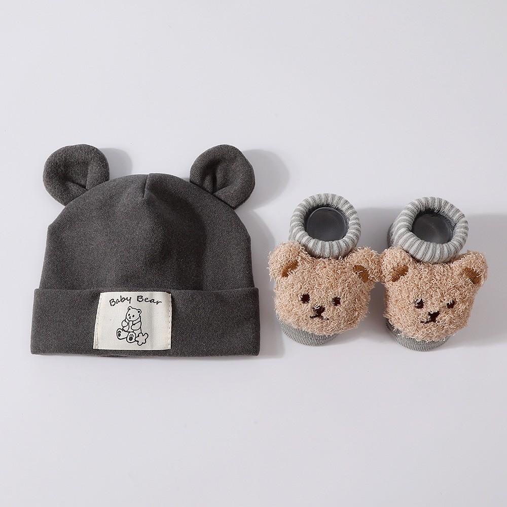 2Pcs/Set Warm Bear Ear Beanie Cotton Infant Cap Socks Cute Baby Turban Socks  Autumn Winter