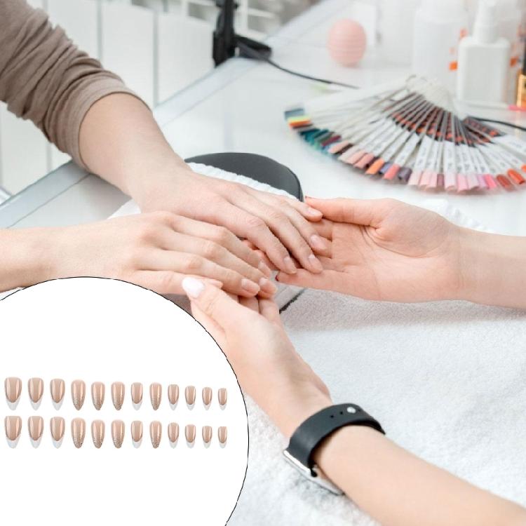 Medium Length Artificial Nail Press On Nail Sparkling Full Cover Stick On Nail White French Tip False Nail for Woman