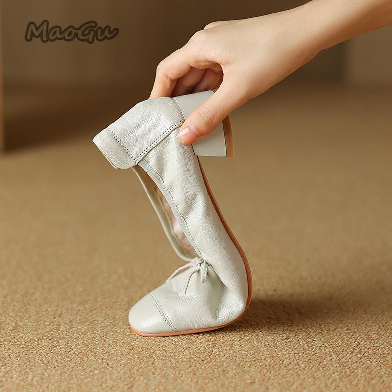 Fashion Soft Pu Leather Single Shoes for Women Shallow Bow Ballet Flats Round Toe Slip on Mid Heel Pumps Zapatos De Mujer Size 35-40