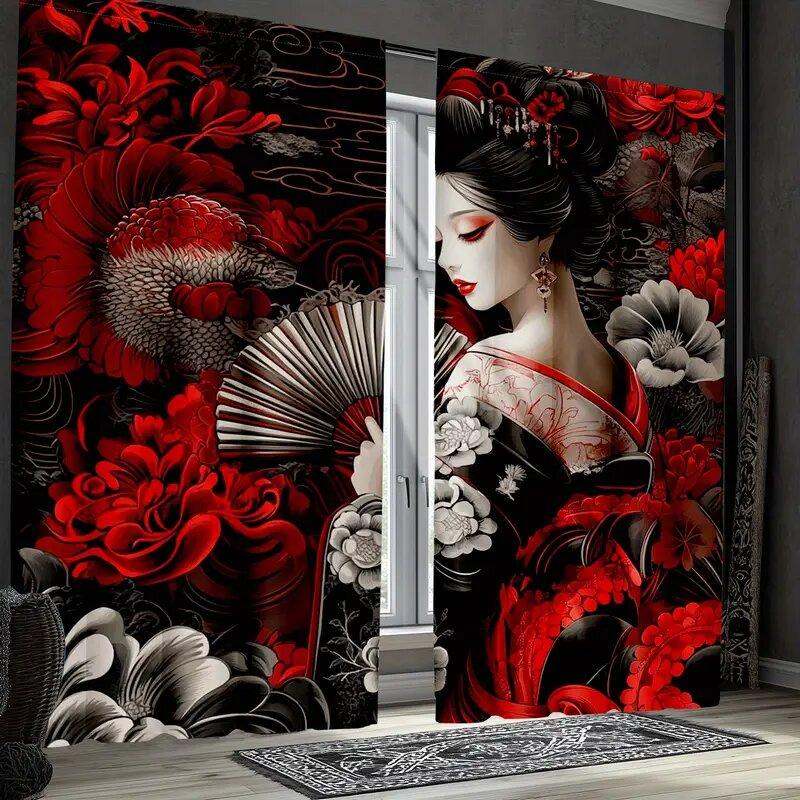 2 Stück - Japanische Kimono Geisha Druck Vorhänge, Stangentaschenvorhänge, Heimdekoration, Raumdekoration