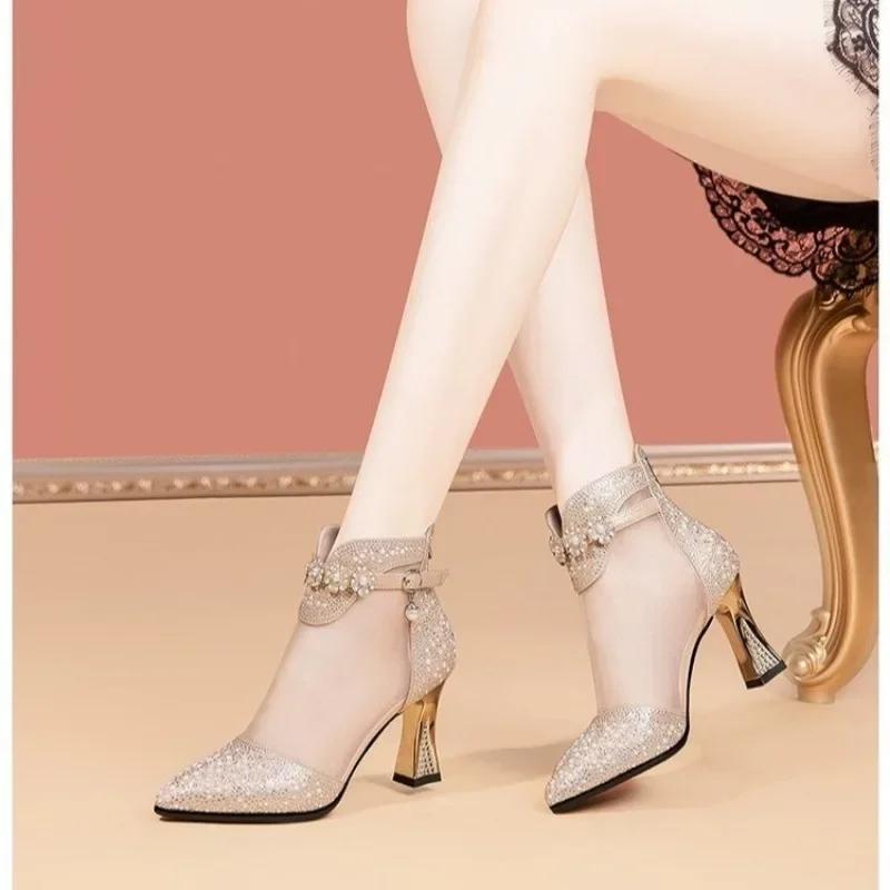 2025 New Mesh Boots Pointed Toe Ankle Boots Woman Patent Leather Short Sandals Gold Color Female Ladies Zip Elegant Heeled Shoes
