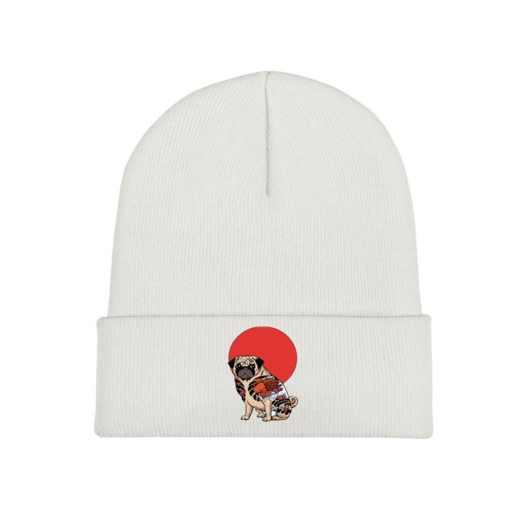 Yakuza Pug Katana Pletené čepice pro ženy Unisex Skullies Beanies Zimní čepice Polyester Pes Teplá čepice