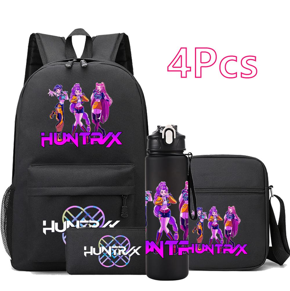 4Pcs/set Anime K-Pop Demon Hunters Printed Backpack Bookbag Shoulder Bag Case Bag with 750Ml Water Bottler for Boy Girl Large Capacity Schoolbag