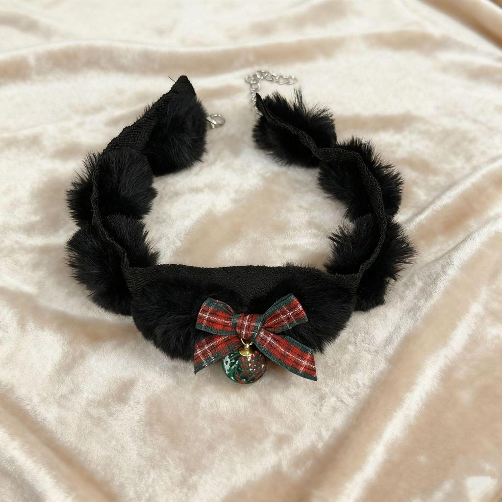 Plaid Bow Pom-pom Choker Necklace - Christmas Ornament Style