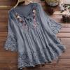 Plus Size Women Loose Shirt Half Sleeve with Lace Flower Embroidery