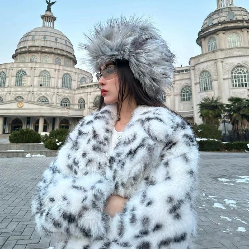 Neue Herbst- und Wintermode Kunstpelzmantel Damen Anzugkragen Gürtel Lang Leopardendruck Fuchsfellmantel