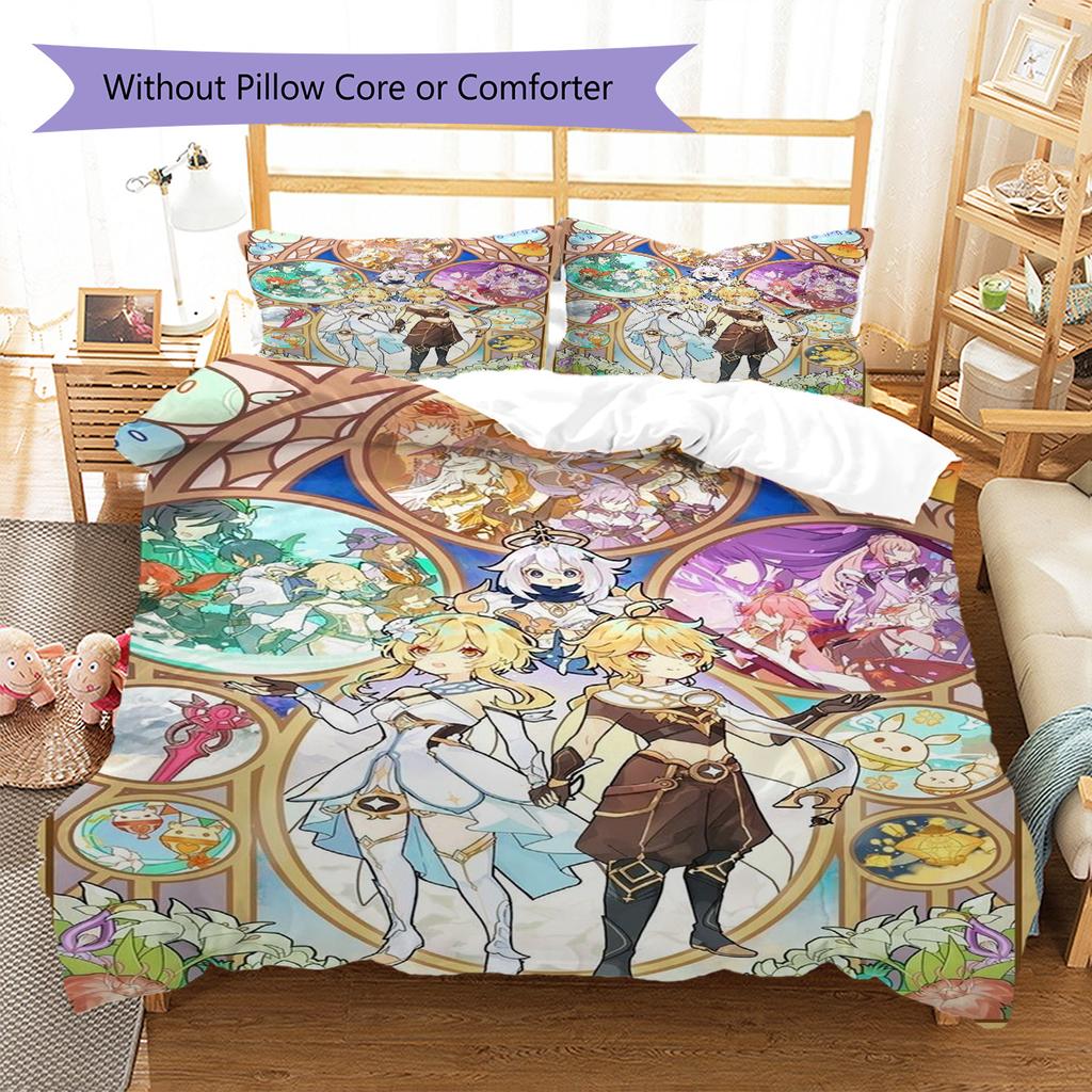 Genshin Impact Pattern Bedding Set Quilt Cover Pillowcase Home Decor Gift (1 * Duvet Cover + 2 * Pillowcase, Without Core)