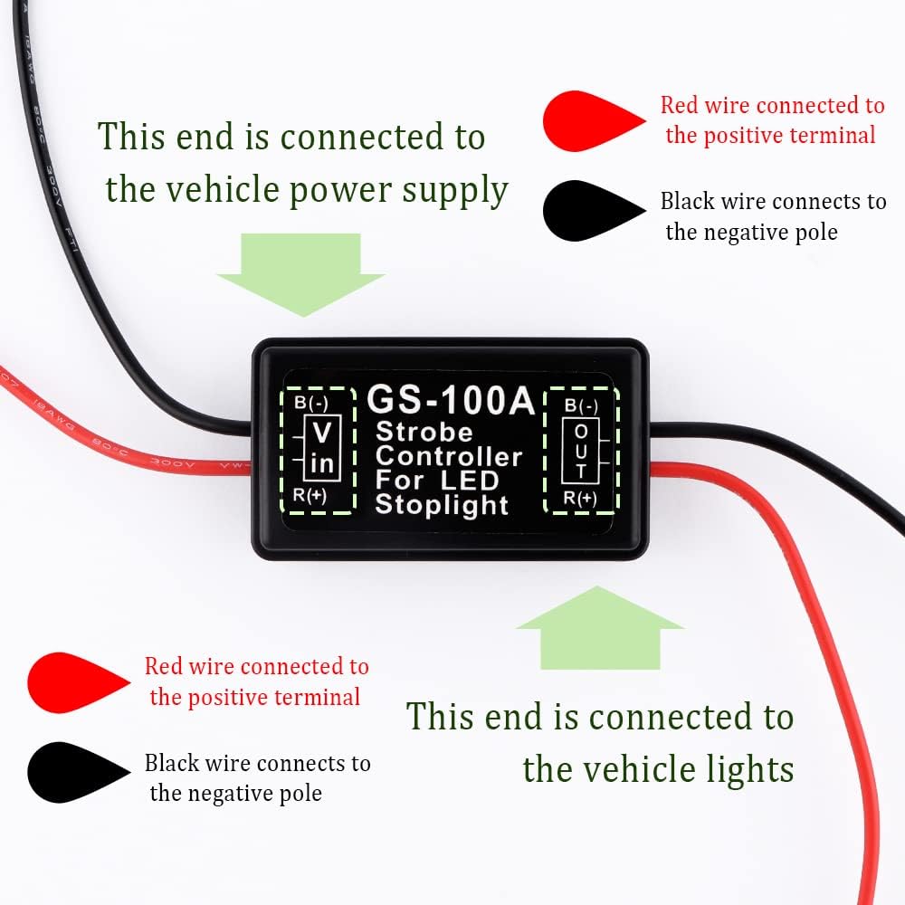 2PCS 6V-30V GS-100A LED Brake Light Flasher With Pre-Wired,Universal Pulsing Strobe Flashing Module Controller For Most Motorcycles Cars Trucks SUVs