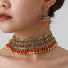 Bohemian Exotic Rhinestone Tassel Necklace & Earrings Set In Antiqued Alloy
