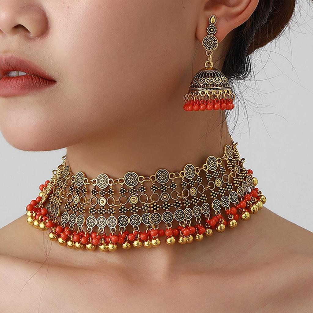 Bohemian Exotic Rhinestone Tassel Necklace & Earrings Set In Antiqued Alloy