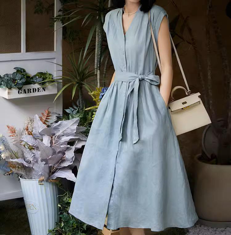 

Дар природы: Элегантное французское льняное платье с V-образным вырезом и высокой талией - Летняя коллекция Large небесно-голубой